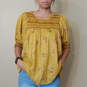 ACOS&A - Floral Mustard Smocked chest and Sleeve hem Blouse  Size S  NWT